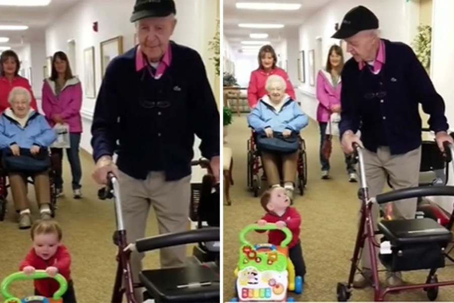 SNIMAK KOJI ĆE OTOPITI I NAJTVRĐE SRCE: Pradeda i praunuk zajedno uče da koriste hodalice, njihov pogled pun ljubavi raznežio je javnost (VIDEO)