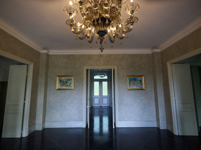 Veliki luster od kristala i minimalističke slike na zidovima koje krase enterijer